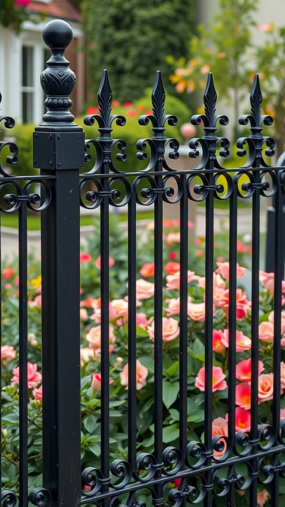 Close-up of a classic wrought iron black fence in front of colorful flowers.