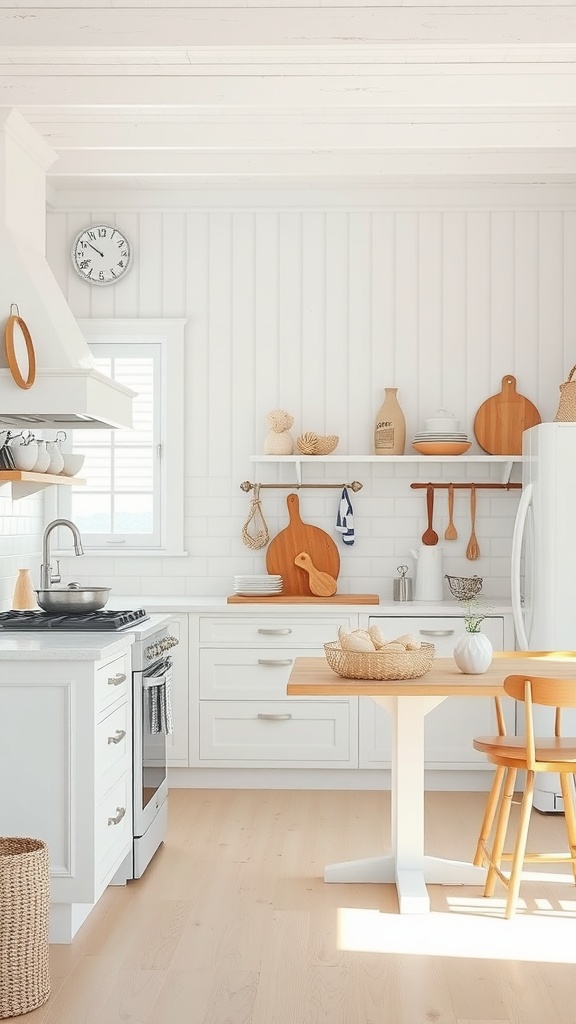 Coastal inspired all white kitchen with wood accents and open shelving.