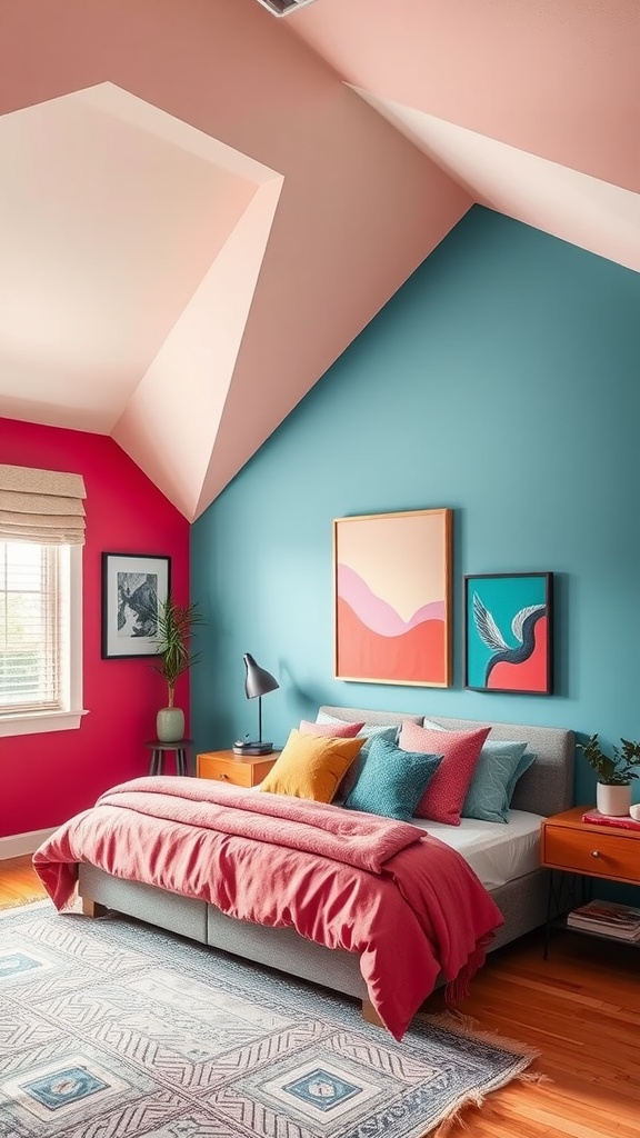 A bedroom with a teal accent wall, pink ceiling, and cozy bedding.