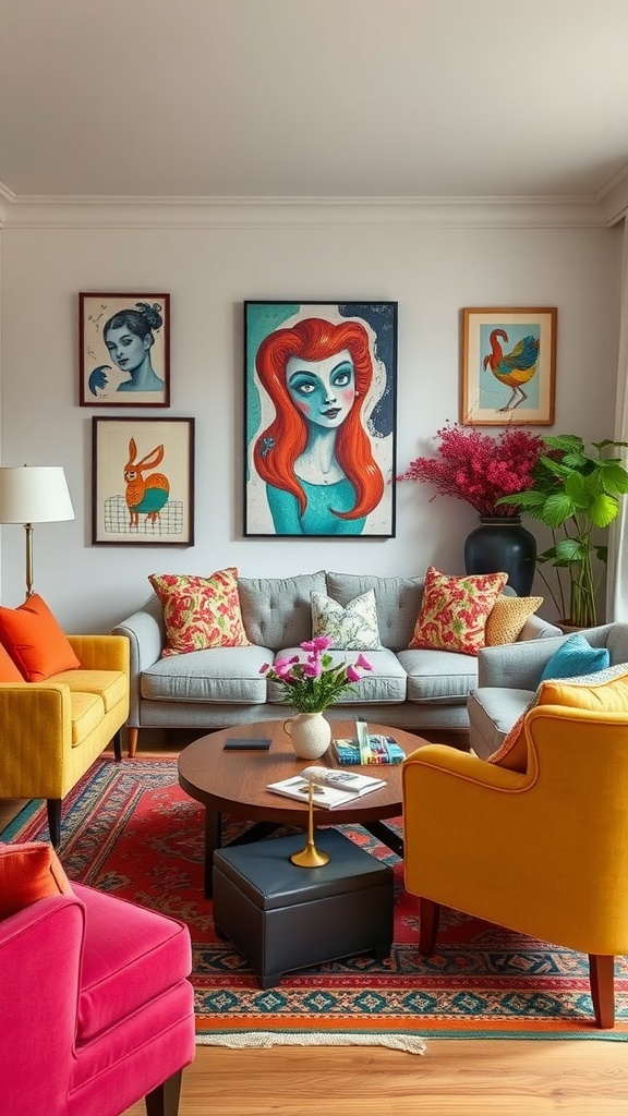 A colorful and eclectic living room featuring bright furniture, quirky art, and vibrant decor.