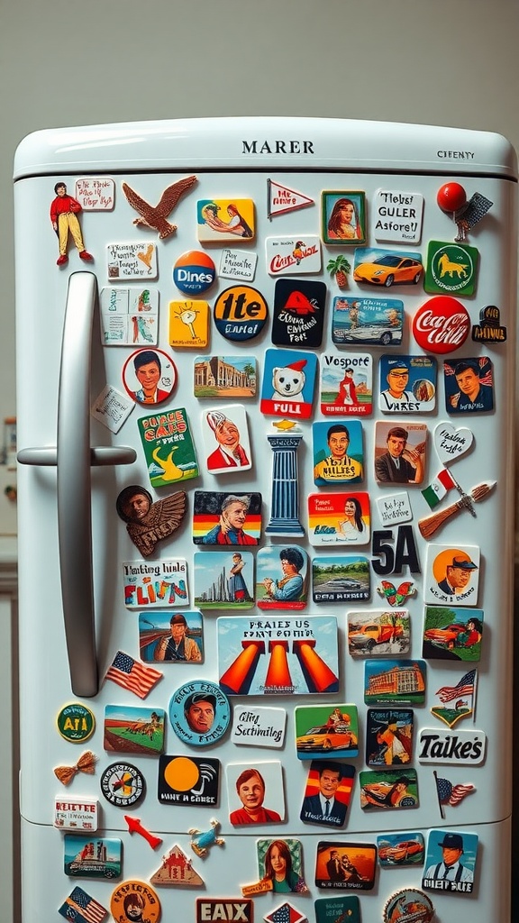 A fridge covered in colorful magnets featuring various designs and themes.