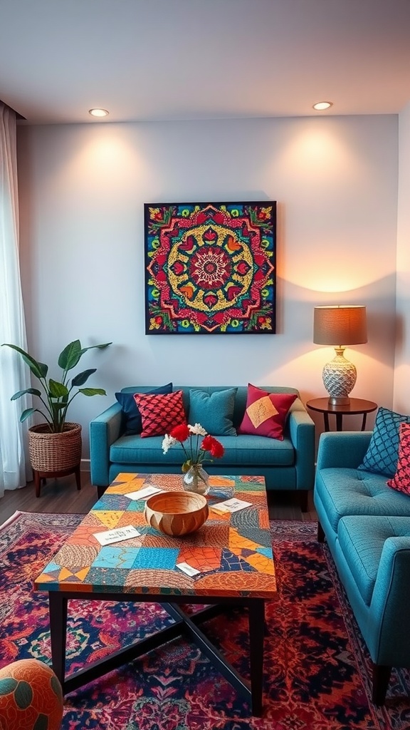 A cozy Spanish style living room featuring a colorful mosaic coffee table, blue sofas, and vibrant decor.