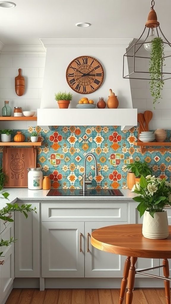 A kitchen featuring a colorful mosaic tile backsplash, white cabinets, and a wooden dining table.