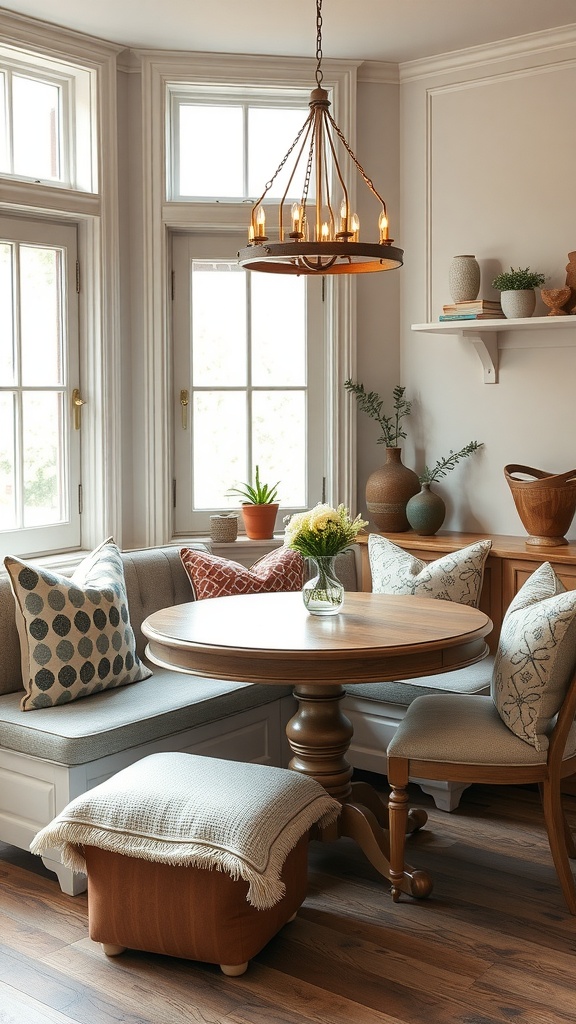 Cozy kitchen seating area with a round table, comfortable cushions, and natural light.