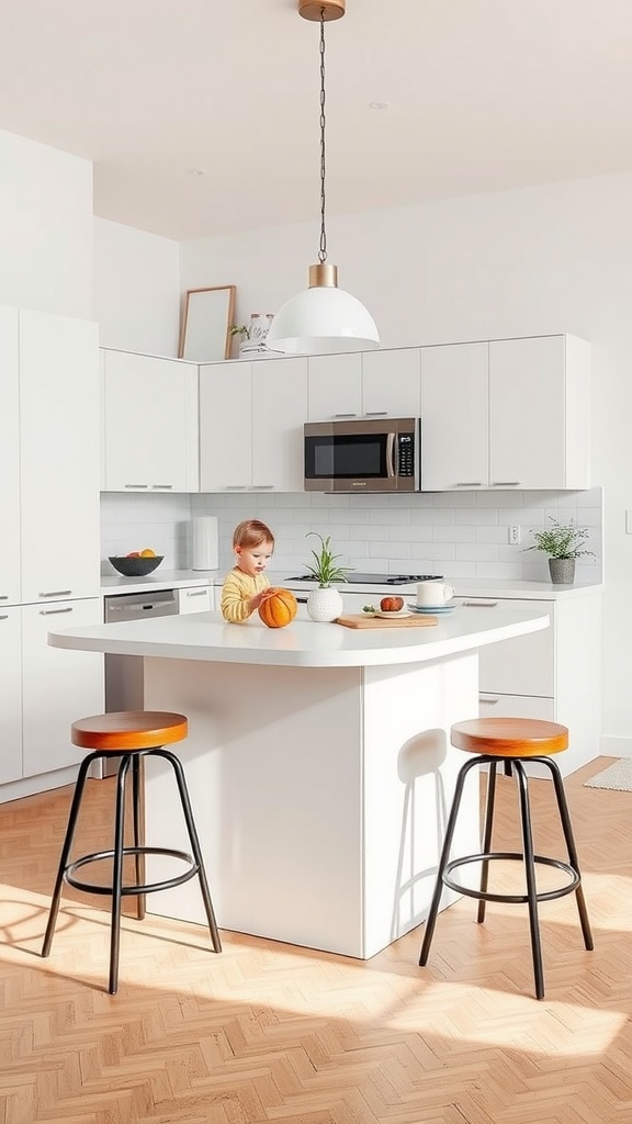 A modern kitchen with a compact island featuring a child and decorative items.