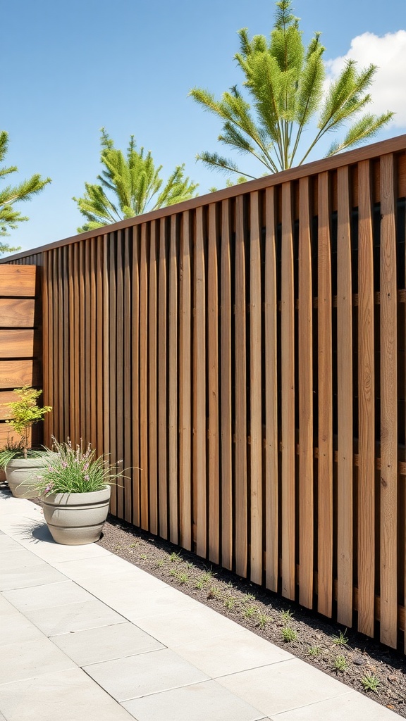 Image of a modern composite material slatted fence panel in a garden setting