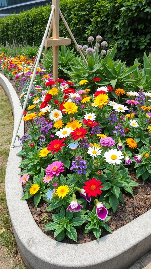A flower bed with colorful flowers surrounded by smooth concrete curved edging.