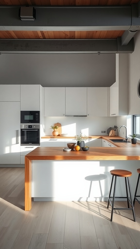 A contemporary kitchen featuring a wood island with white cabinetry and natural light.