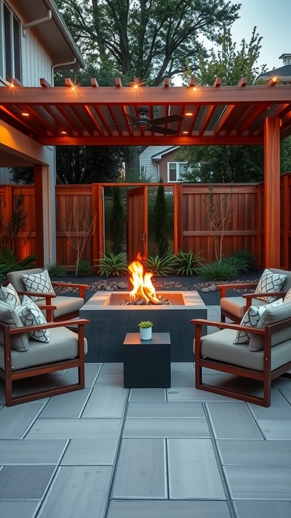 A contemporary fire pit area with modern seating and warm lighting.