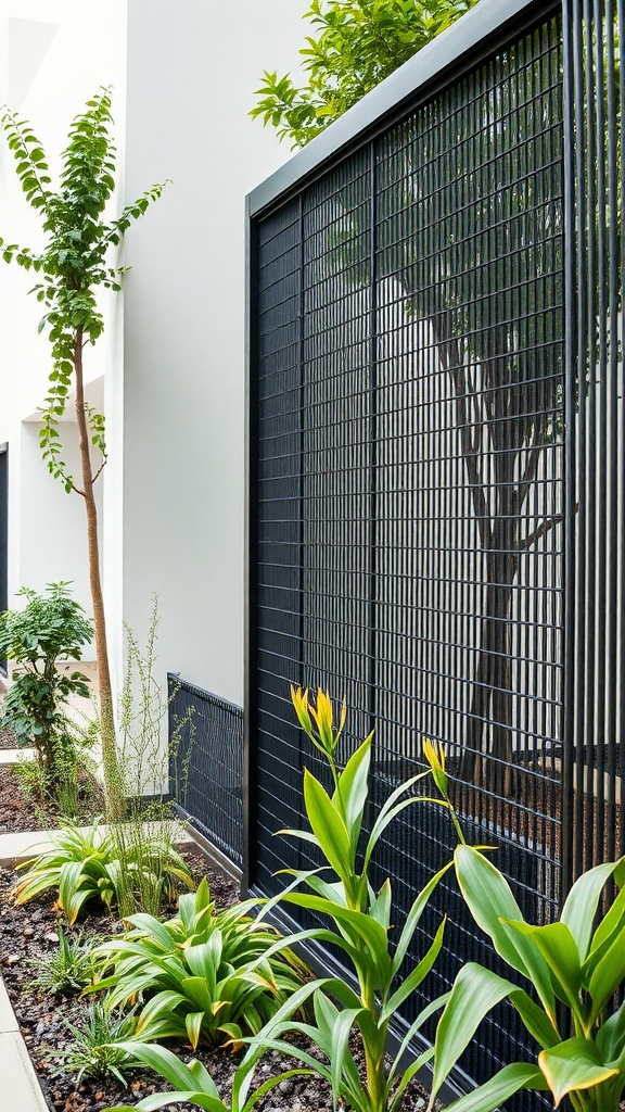 A contemporary black metal mesh fence surrounded by plants and trees.