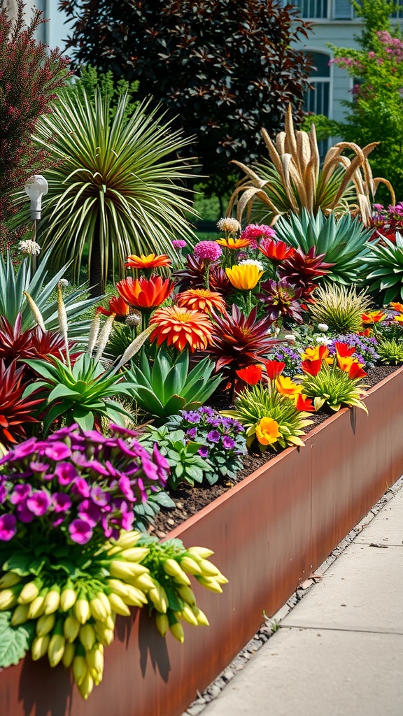 A vibrant flower bed with bright flowers bordered by corten steel edging
