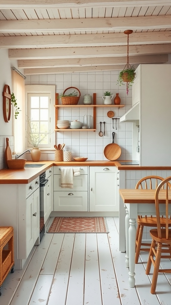 Cozy kitchen featuring painted wood floors, white cabinets, and warm wood accents.