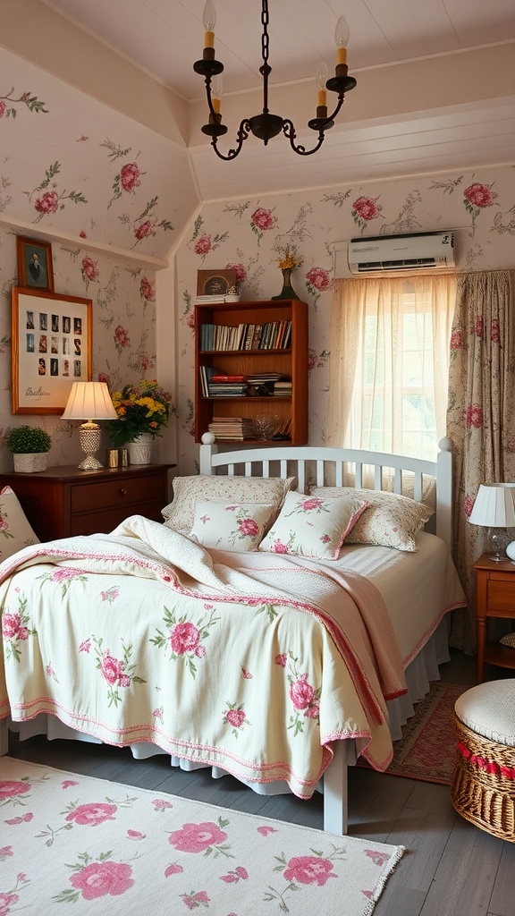 A cozy cottage-style bedroom with floral wallpaper, a white bed with decorative pillows, and warm lighting.
