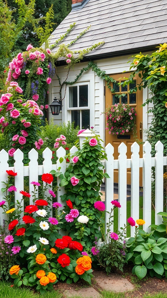 A charming cottage garden with vibrant flowers, a white picket fence, and a welcoming entrance.