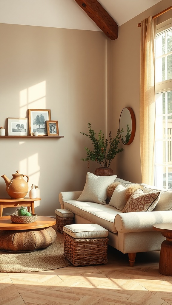 A cozy living room featuring earthy tones, soft furnishings, and natural decor.