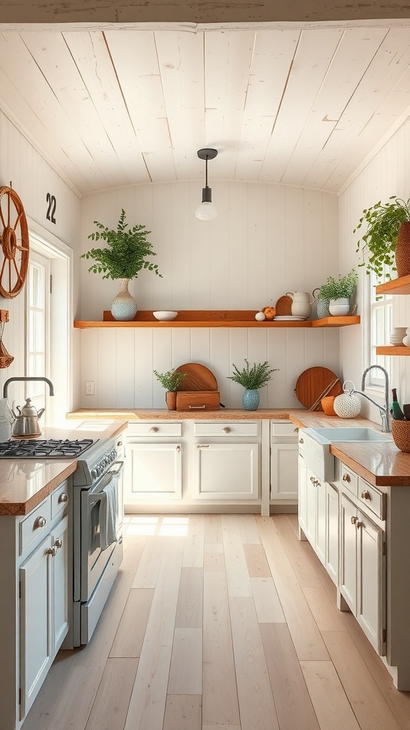 Cozy farmhouse kitchen with white walls, wooden shelves, and plants