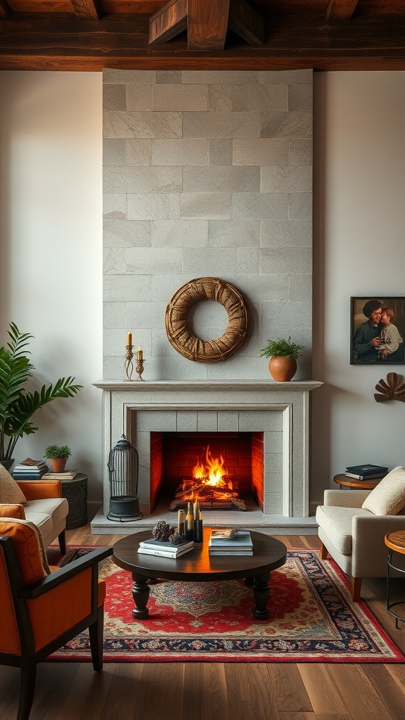 Cozy living room with a fireplace, comfortable seating, and decorative elements.