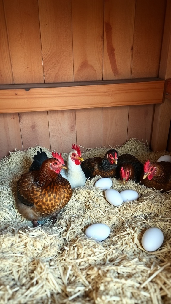 Chickens resting in a cozy nesting area with straw bedding and eggs.