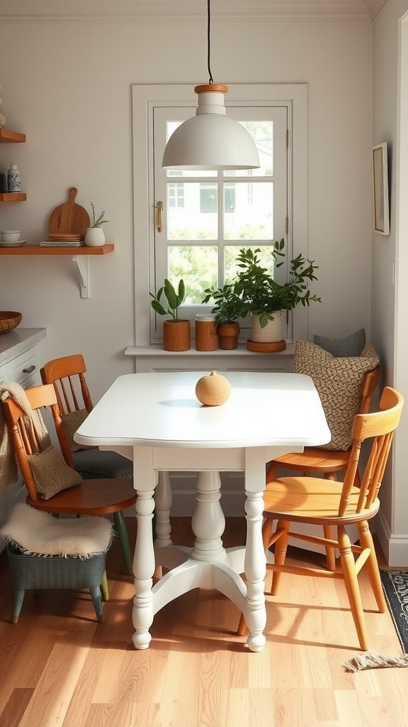 Cozy kitchen nook featuring a white table, wooden chairs, and plants by the window.