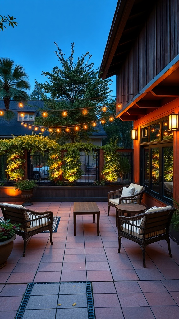 Cozy outdoor seating area with chairs, table, and string lights in the evening.