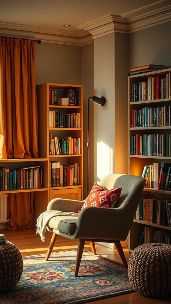 A cozy reading nook featuring a comfortable chair, bookshelves, warm lighting, and decorative elements.
