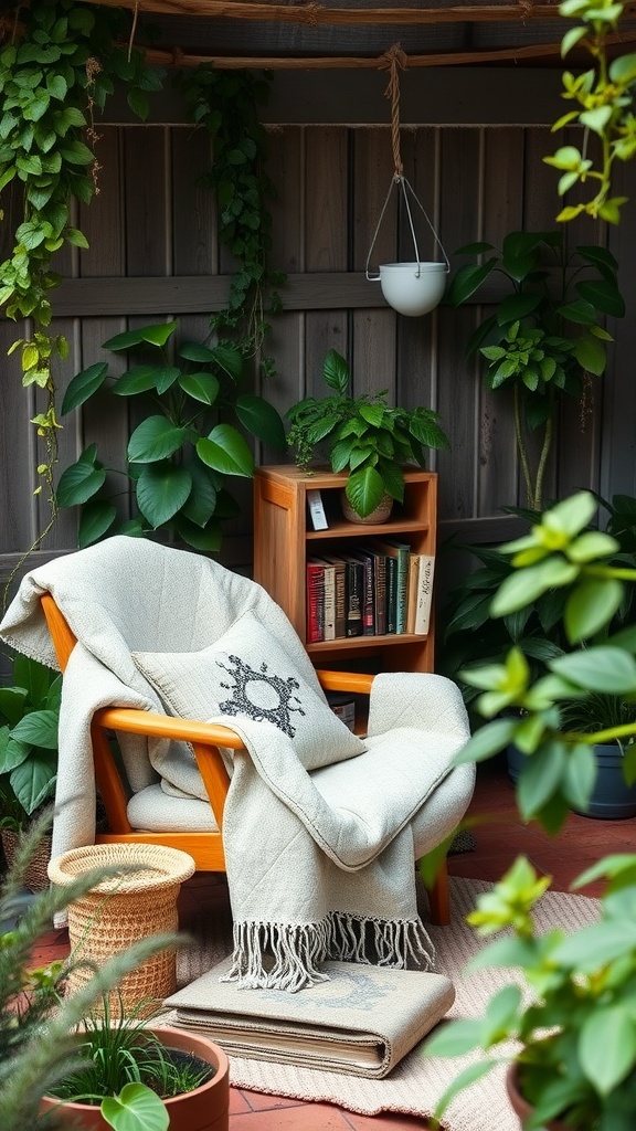 A cozy reading nook with a chair, blanket, and surrounding plants in a backyard.