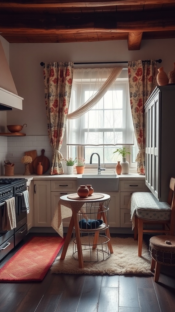 A cozy kitchen with floral curtains, a wooden table with a tablecloth, and a warm rug.