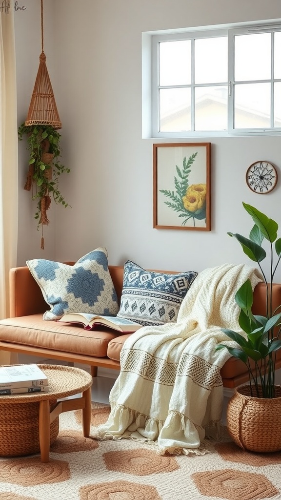 Cozy living room nook with a sofa, throw pillows, and plants.