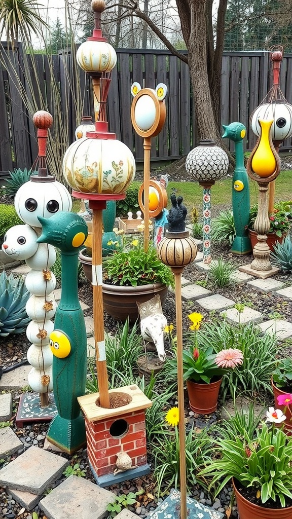 Colorful outdoor art installations in a backyard garden