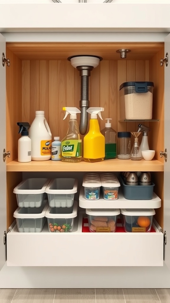 Well-organized under-sink storage with cleaning supplies and storage bins