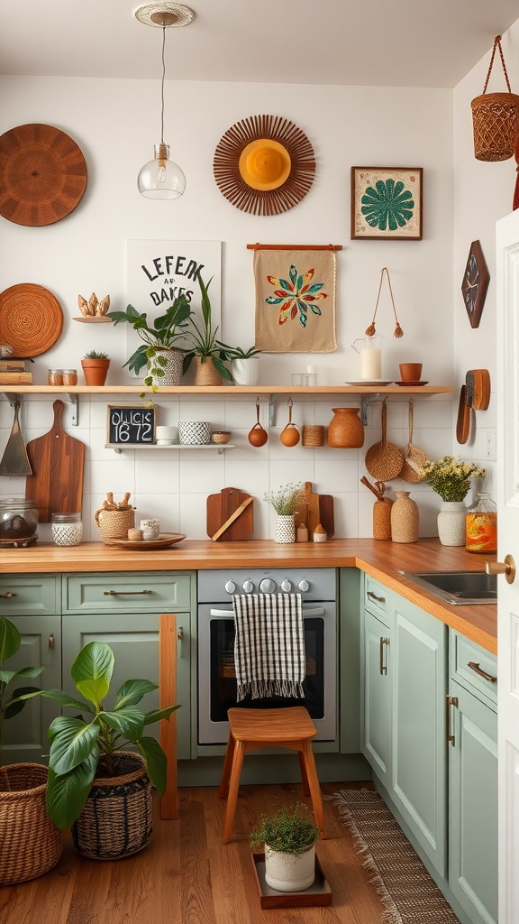 A boho kitchen featuring creative wall art including woven pieces, colorful paintings, and decorative hats.
