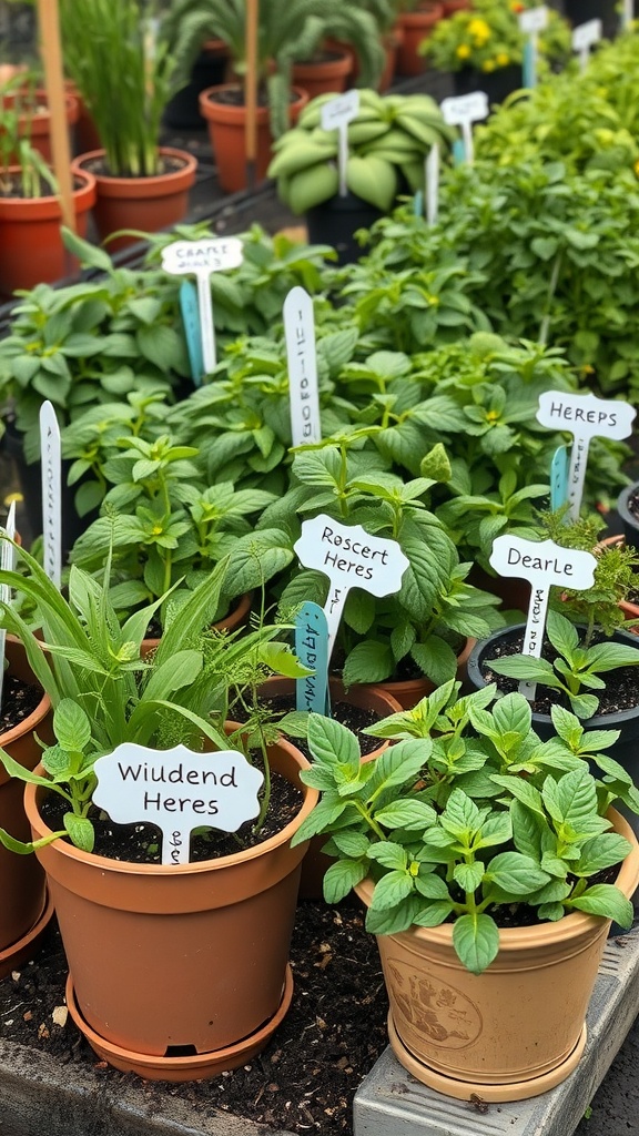 A variety of potted herbs labeled in a garden setting