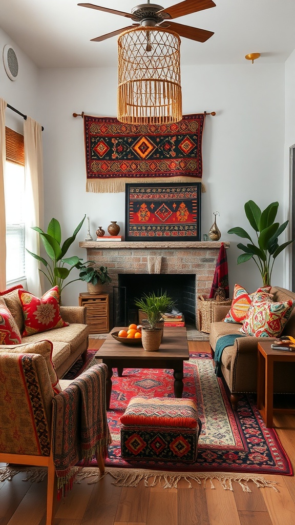 A stylish boho living room featuring cultural textiles and a warm ambiance.