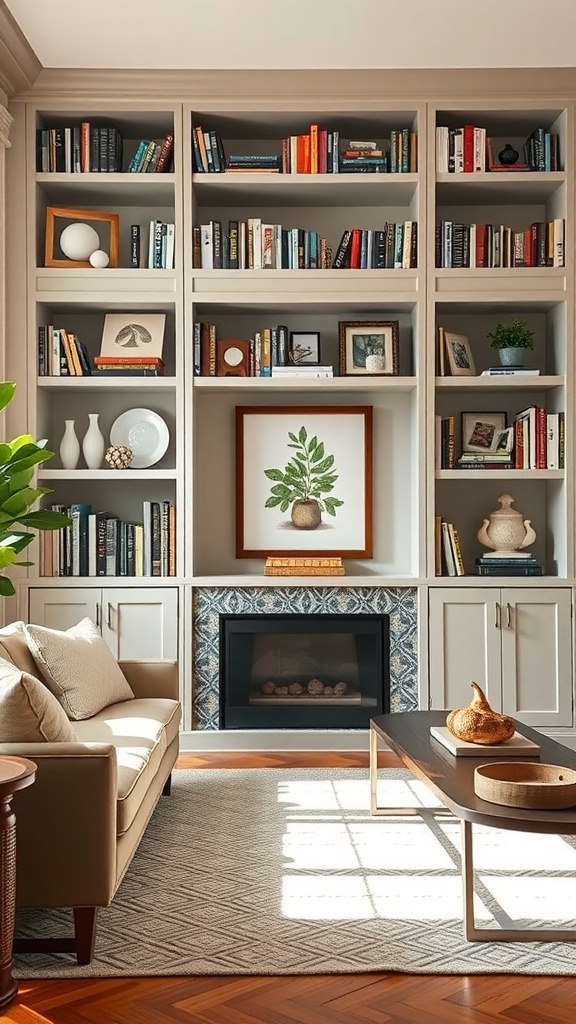 A stylish living room with custom built-in shelving filled with books and decorative items.