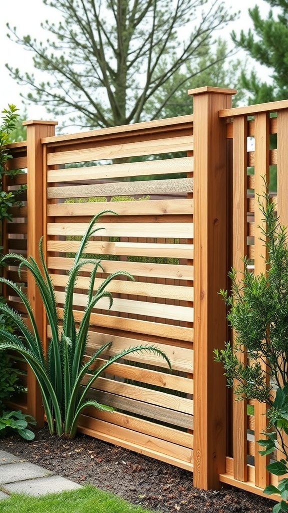 A customizable wooden slatted fence surrounded by greenery.