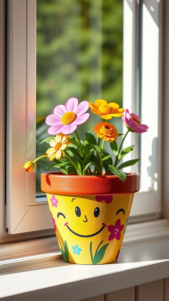 Colorful flower pot with a smiling face and flowers