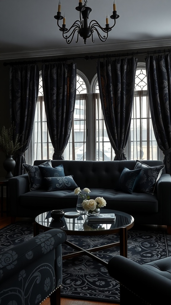 A gothic living room featuring dark floral patterns in textiles, plush furniture, and a dramatic chandelier.
