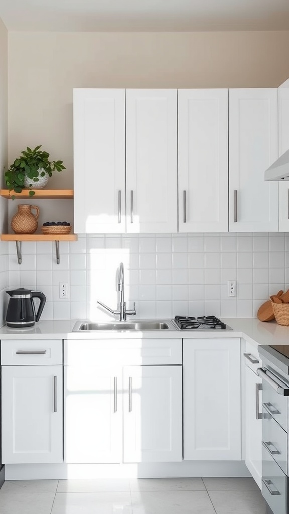 A modern small kitchen with white cabinets and open shelves featuring plants and decorative items.