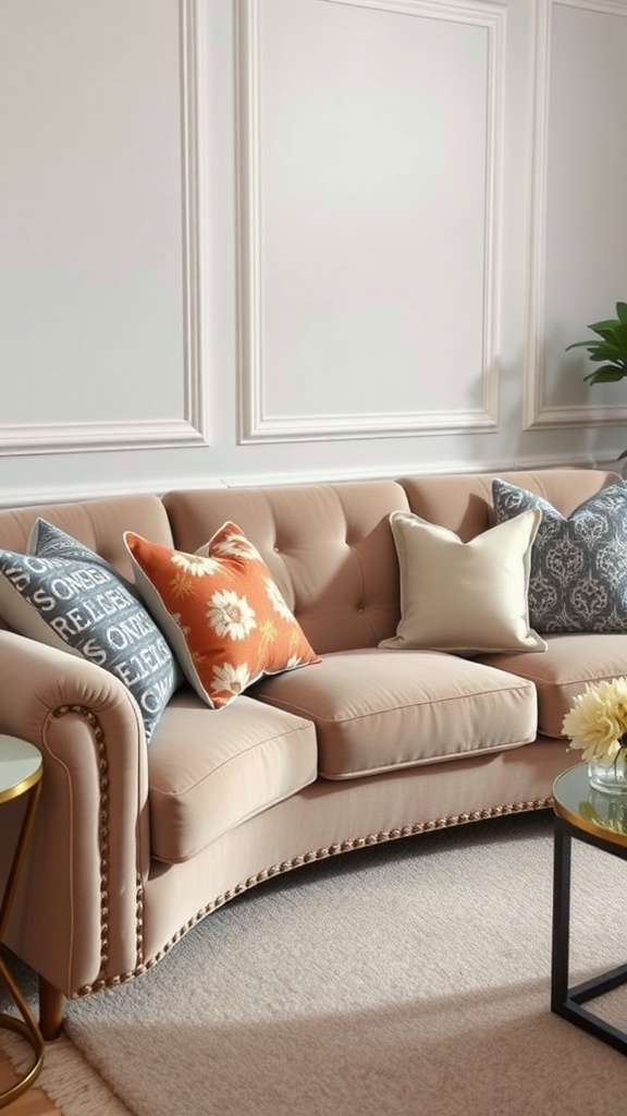 A stylish living room couch adorned with decorative accent pillows in various colors and patterns.