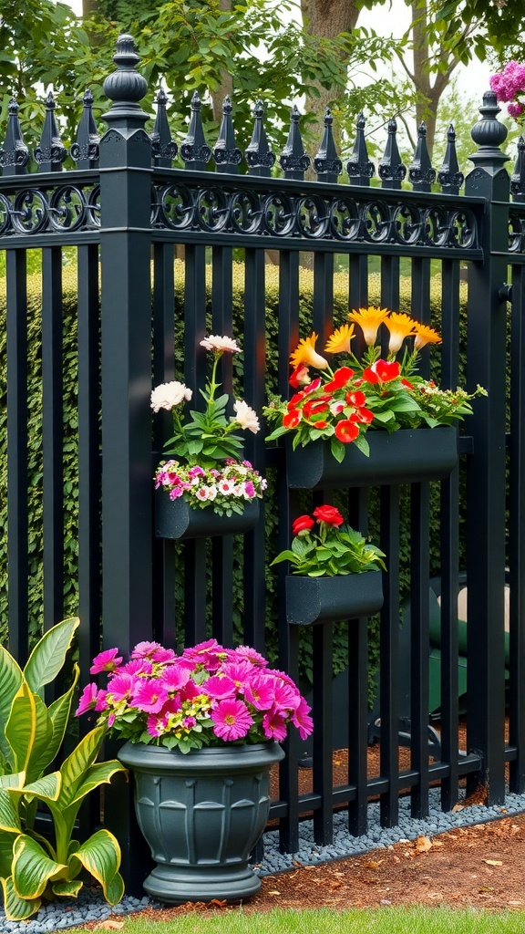 A decorative black fence with vibrant flower planters attached.