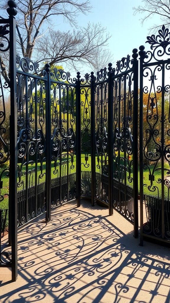 Decorative metal screens in a garden, casting intricate shadows on the ground.