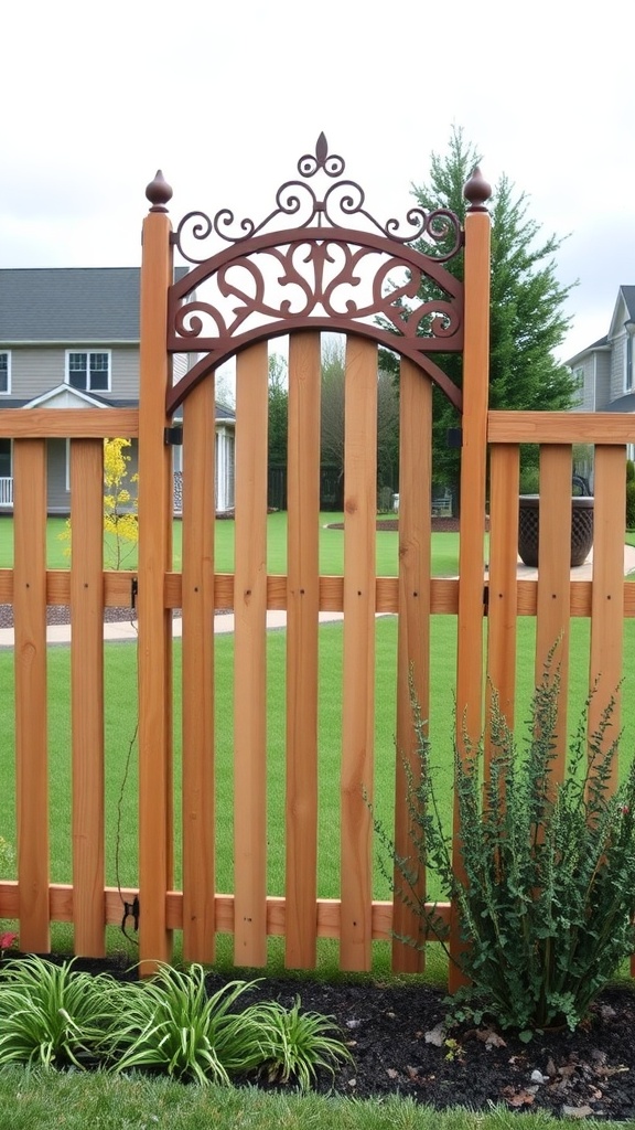 A decorative slatted fence with an ornate metal top and surrounding plants