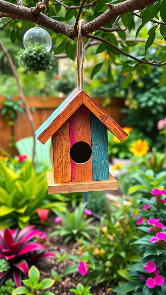 Colorful DIY birdhouse hanging from a tree in a garden