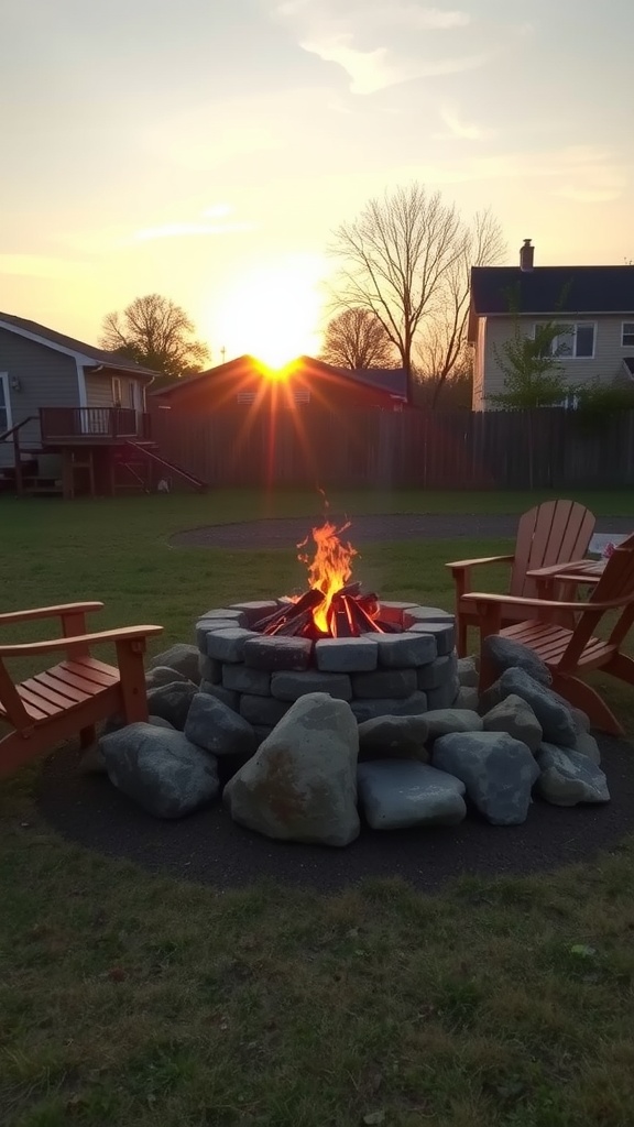 A cozy fire pit made of stones with flames, surrounded by wooden chairs during sunset