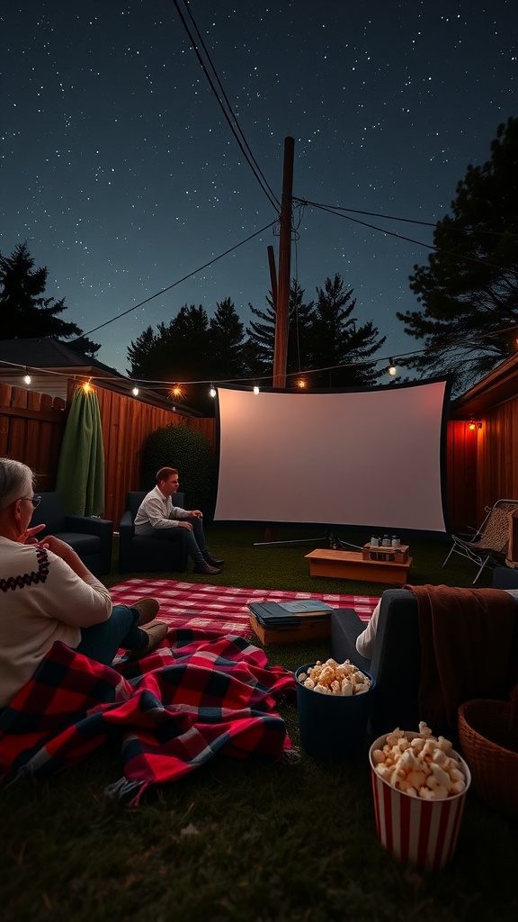 A DIY outdoor movie setup with a screen, cozy seating, and snacks under a starry sky.