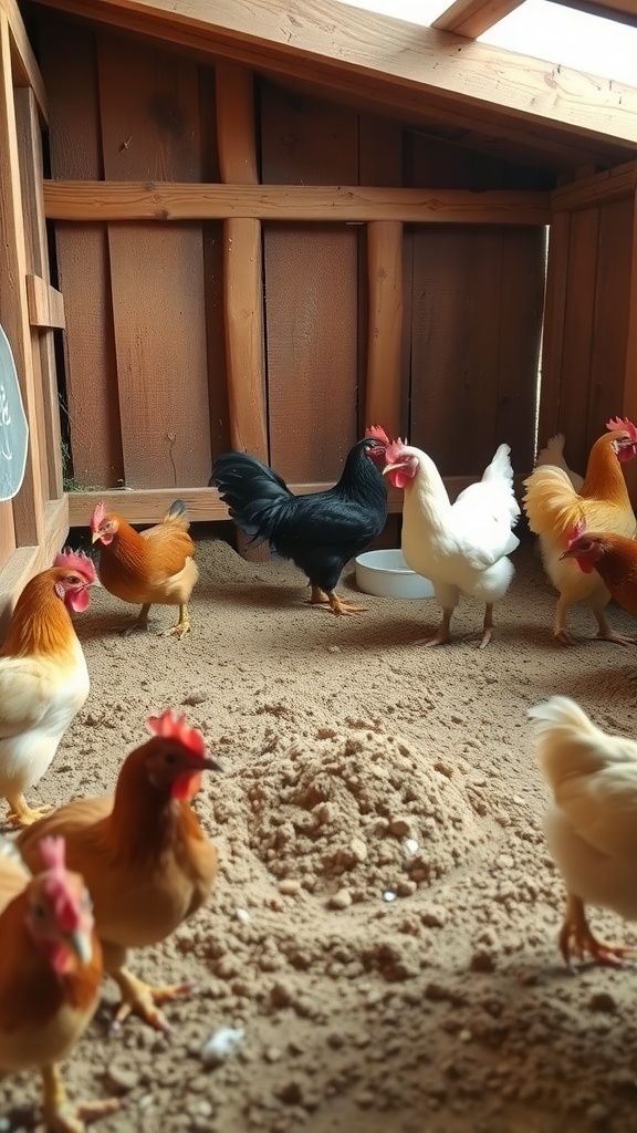 Chickens bathing in a dust bath area inside a coop