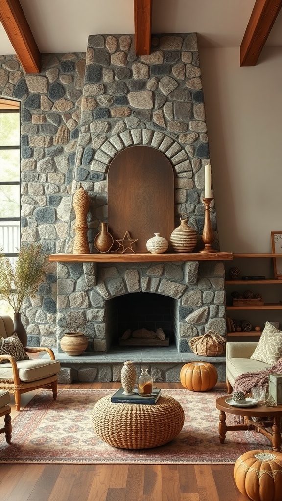 Cozy living room with stone fireplace and wooden beams.