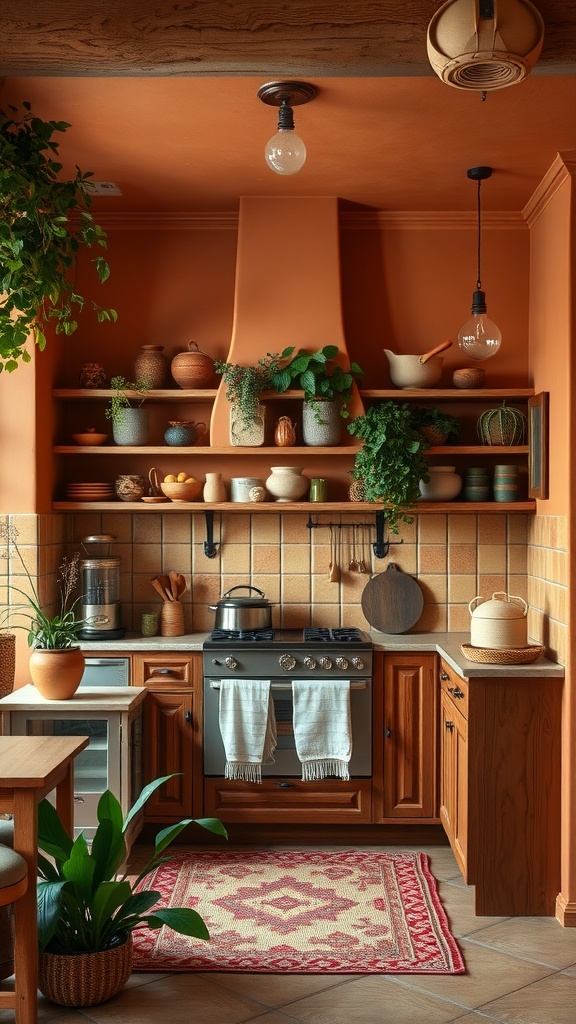 A boho kitchen featuring earthy tones, plants, and wooden accents.