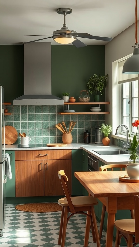 A mid-century modern kitchen featuring earthy color palettes with green walls and wooden elements.