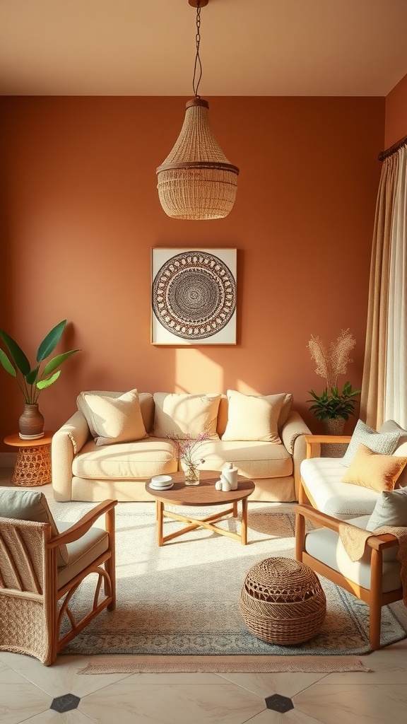 A warm, earthy living room with brown walls, comfortable seating, and natural decor.